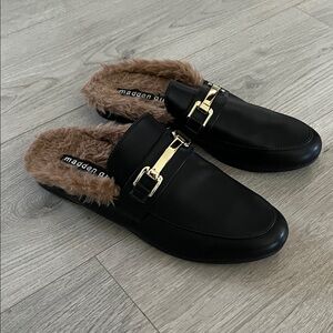 Madden Girl Black Fur-Lined Mules with Gold Buckle Size 9-9.5